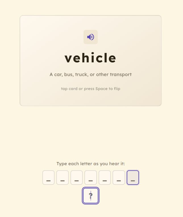 Flashcards mode showing spell-along feature