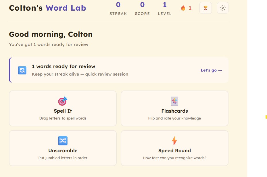 Colton's Word Lab home screen showing practice modes