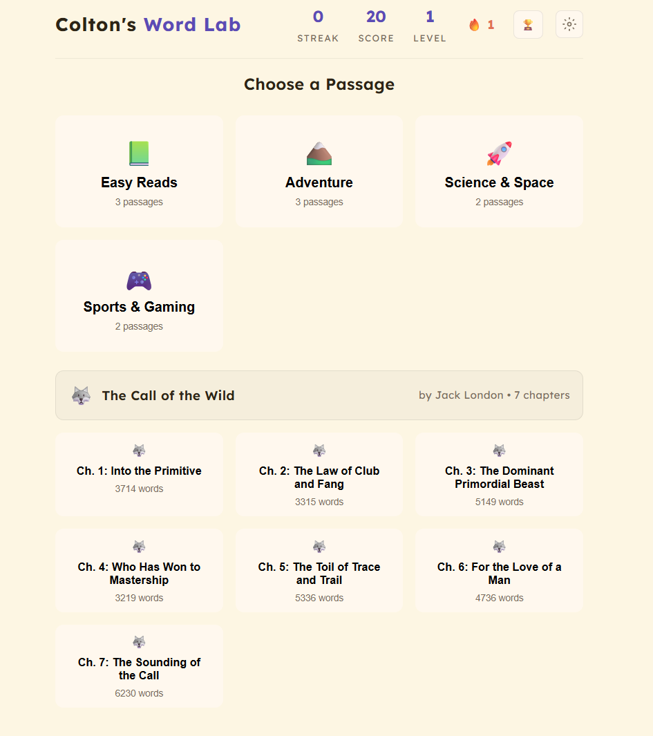 Choose a Passage screen with reading categories