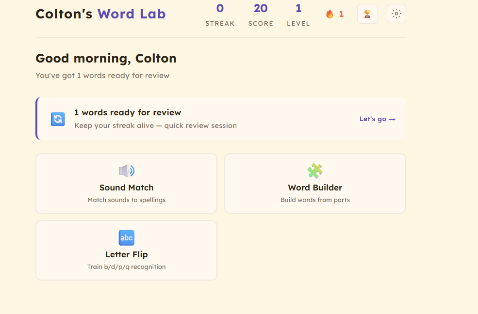 Skills tab showing Sound Match, Word Builder, and Letter Flip