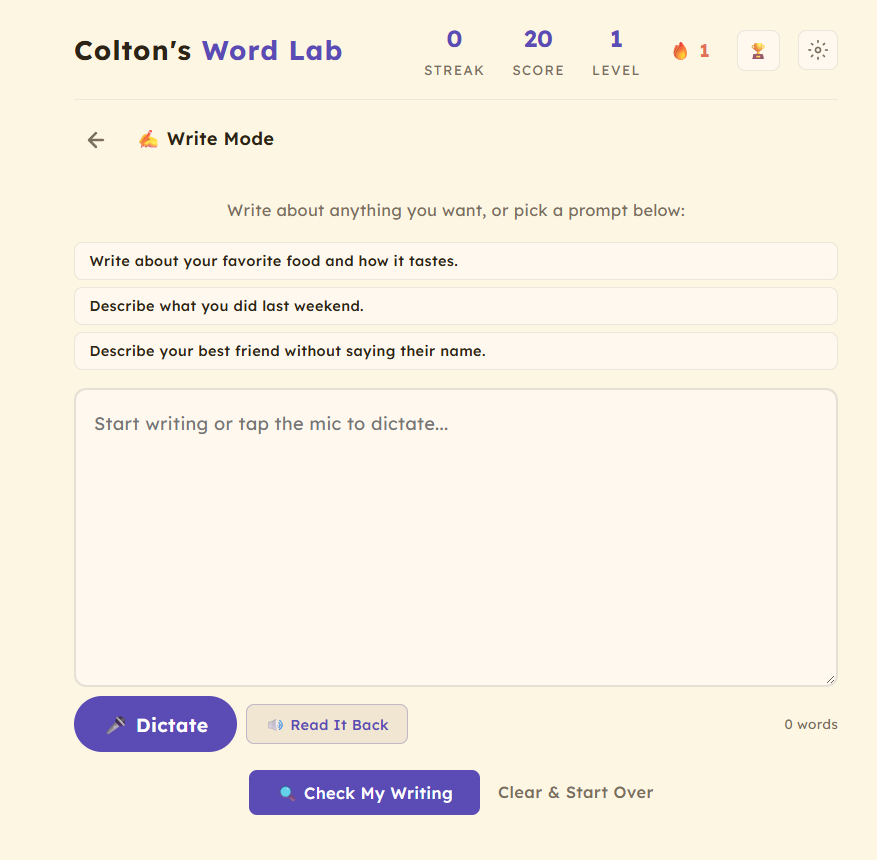 Write Mode with prompts and dictation
